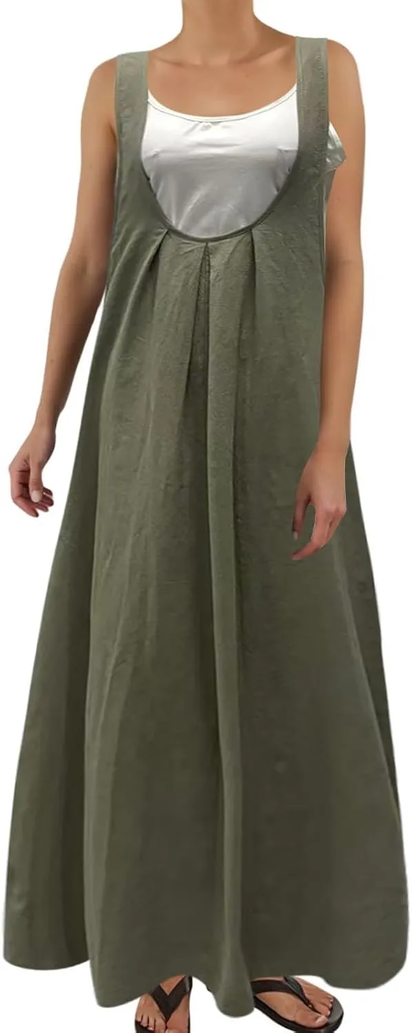 Womens Summer Button Down Maxi Shirt Dress Sleeveless Collared Tiered Work Dresses Beach Sundress with Pockets