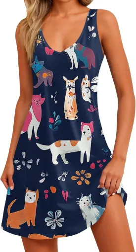 Women's Summer Dresses V Neck Vacation Swimsuit Coverup Casual Sleeveless Dress with Pocket 2025 Printed Sundress