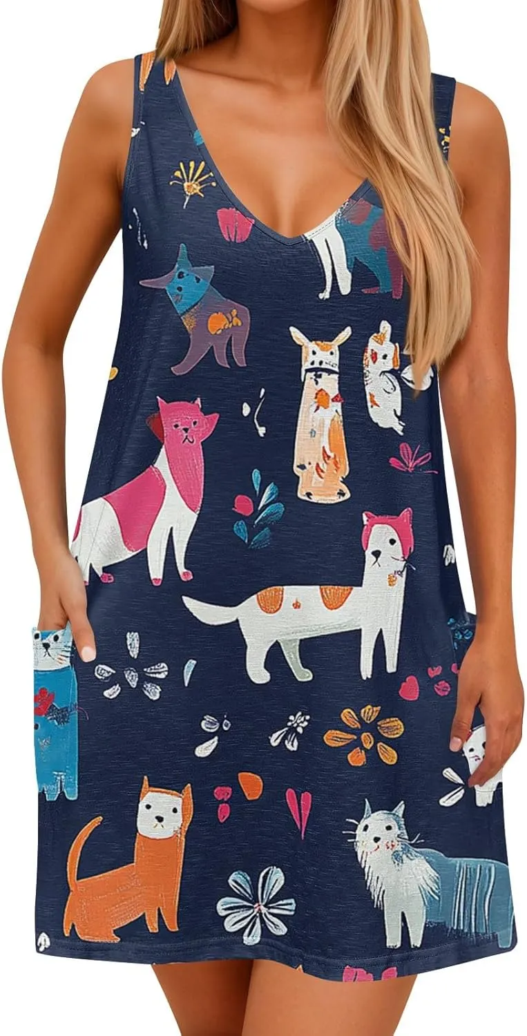 Women's Summer Dresses V Neck Vacation Swimsuit Coverup Casual Sleeveless Dress with Pocket 2025 Printed Sundress