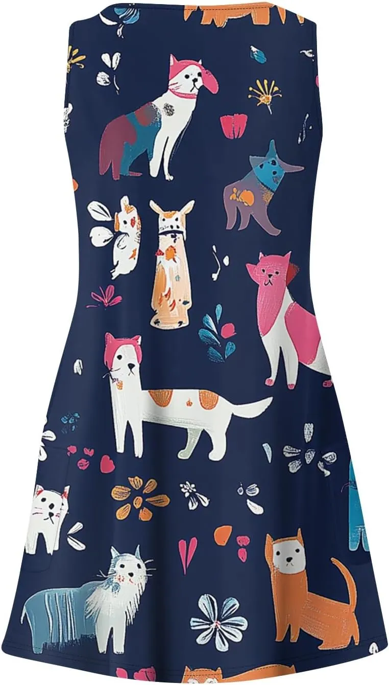 Women's Summer Dresses V Neck Vacation Swimsuit Coverup Casual Sleeveless Dress with Pocket 2025 Printed Sundress