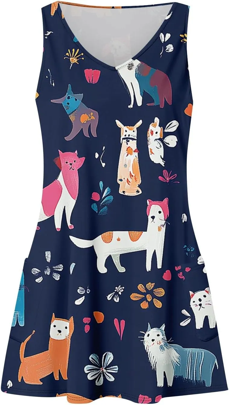 Women's Summer Dresses V Neck Vacation Swimsuit Coverup Casual Sleeveless Dress with Pocket 2025 Printed Sundress