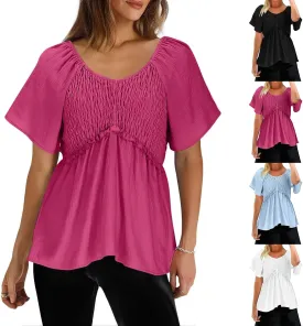 Womens Summer Dressy Tops Short Sleeves Crewneck Pleated Patchwork Tunic Top Leisure Loose Hide Belly T-Shirts