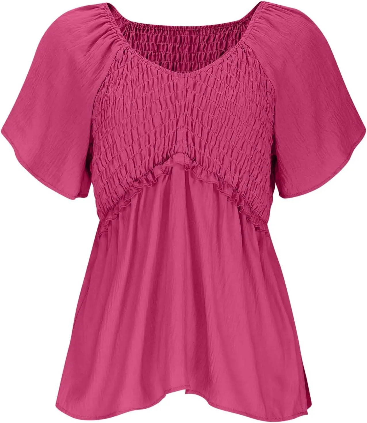 Womens Summer Dressy Tops Short Sleeves Crewneck Pleated Patchwork Tunic Top Leisure Loose Hide Belly T-Shirts