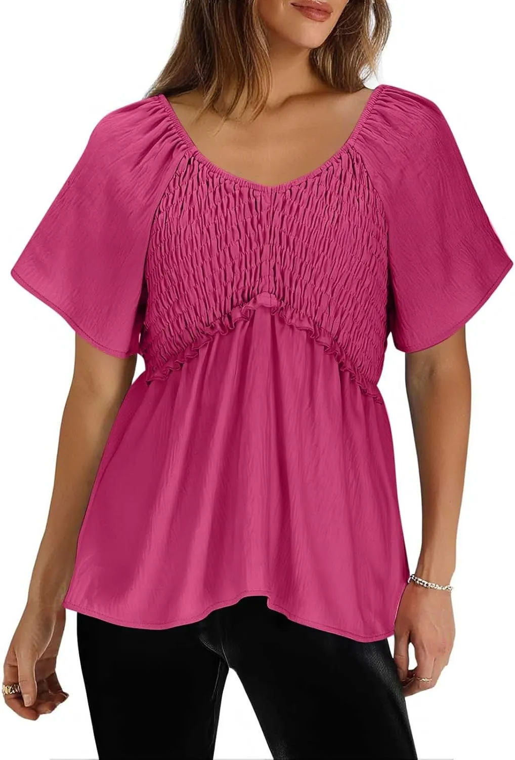 Womens Summer Dressy Tops Short Sleeves Crewneck Pleated Patchwork Tunic Top Leisure Loose Hide Belly T-Shirts