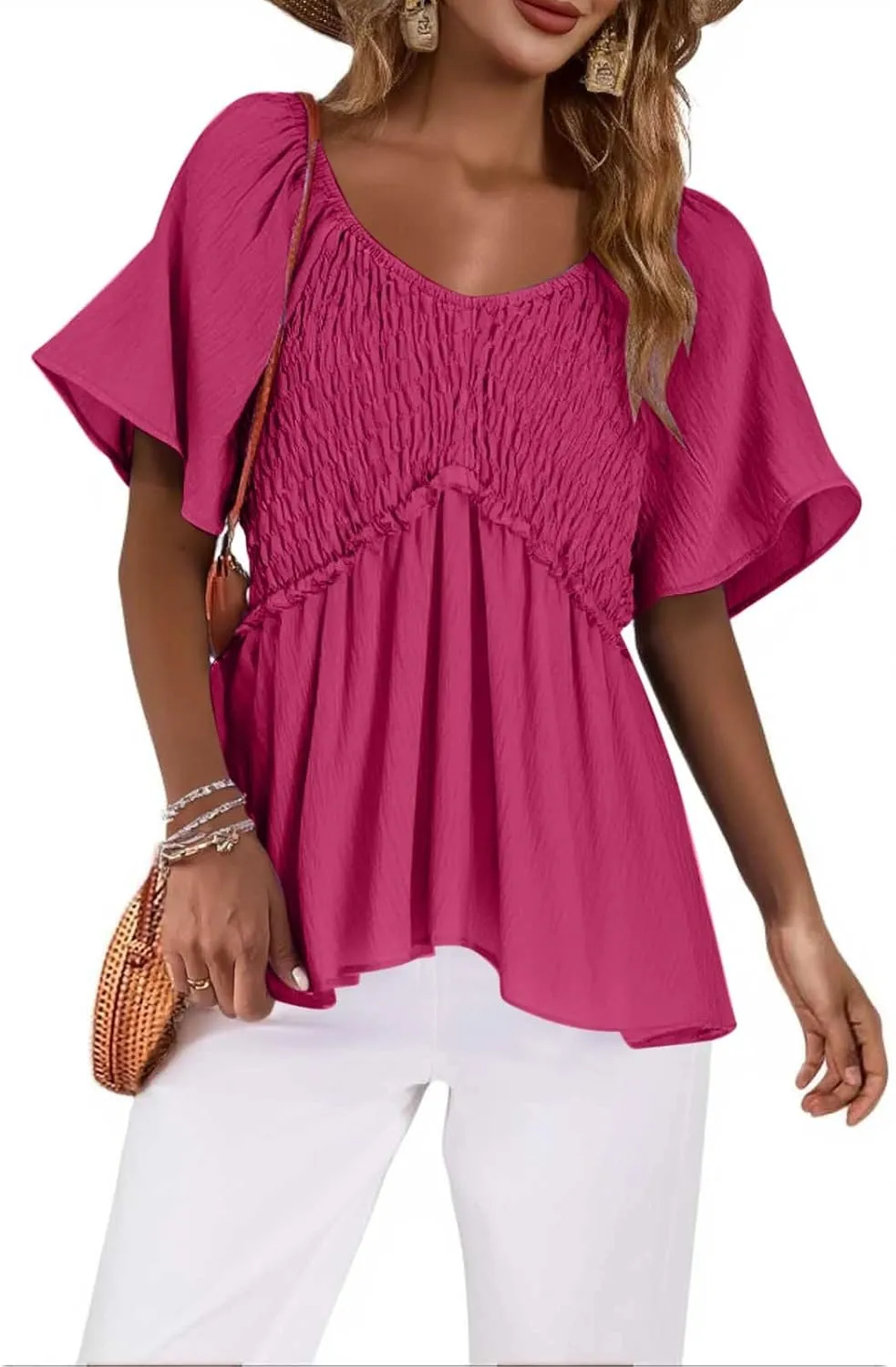 Womens Summer Dressy Tops Short Sleeves Crewneck Pleated Patchwork Tunic Top Leisure Loose Hide Belly T-Shirts