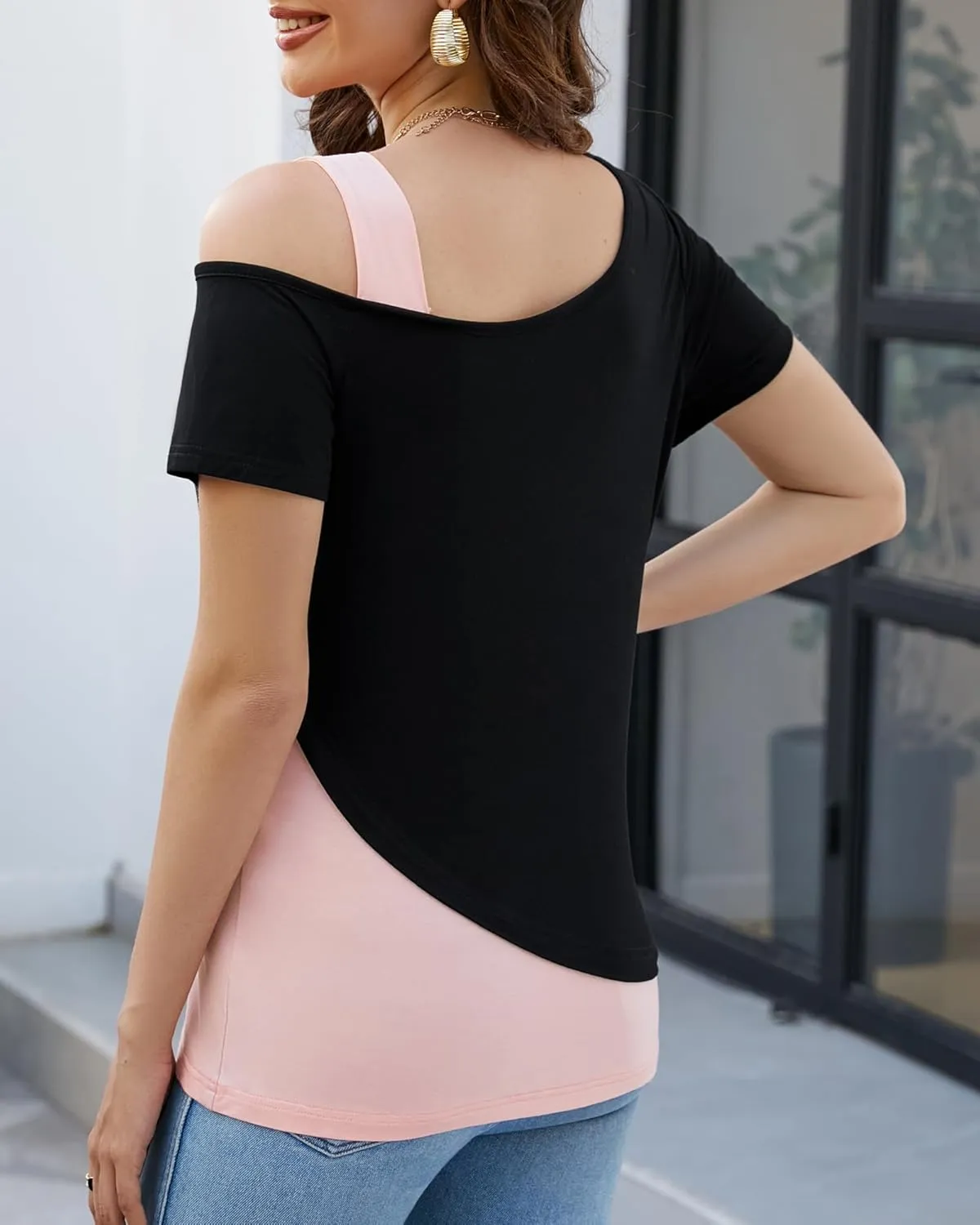 Womens Tops Asymmetrical Cold Shoulder Short Sleeve Blouses Summer Casual Loose Fit Tunics T Shirts for Women 2024