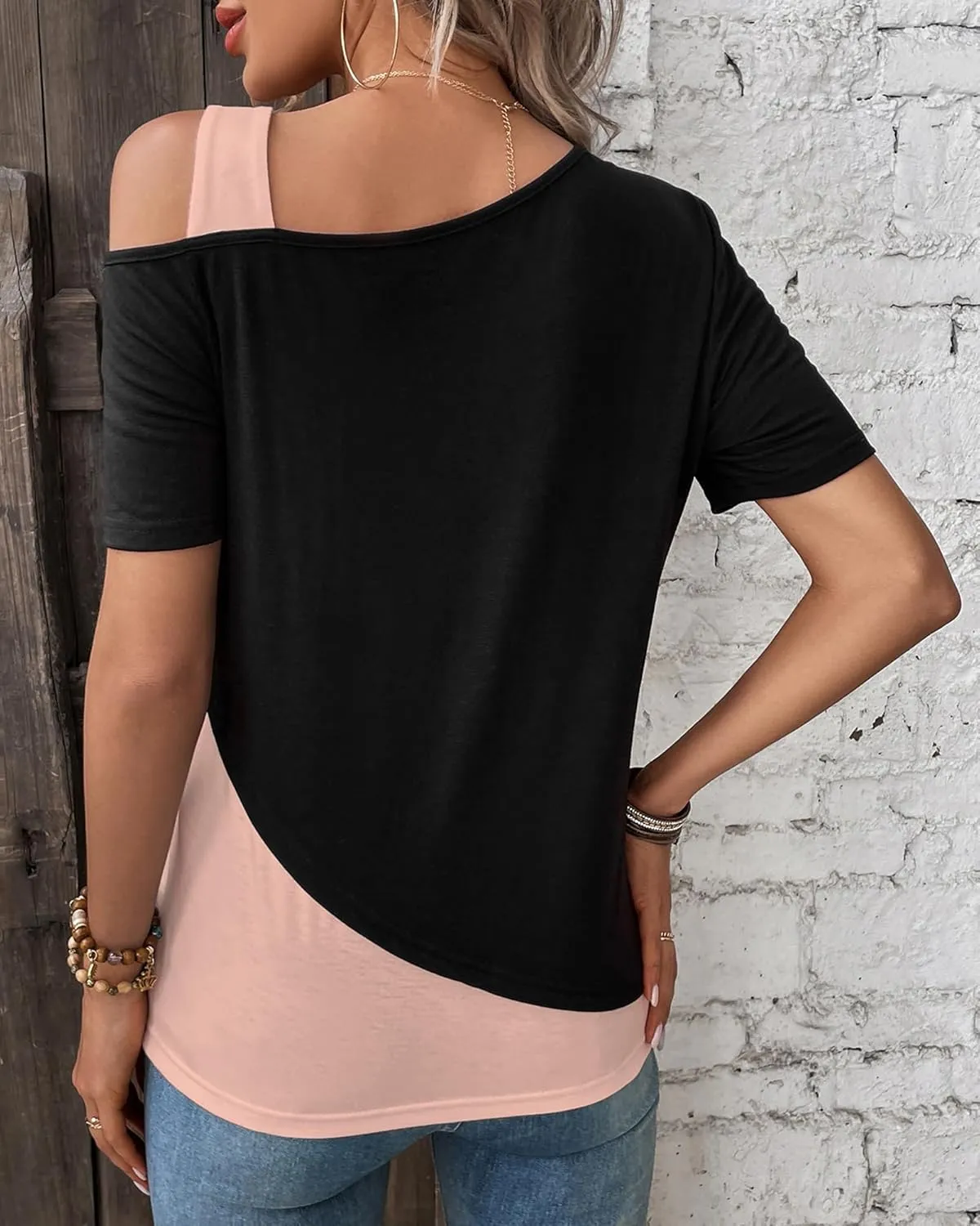Womens Tops Asymmetrical Cold Shoulder Short Sleeve Blouses Summer Casual Loose Fit Tunics T Shirts for Women 2024