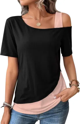 Womens Tops Asymmetrical Cold Shoulder Short Sleeve Blouses Summer Casual Loose Fit Tunics T Shirts for Women 2024
