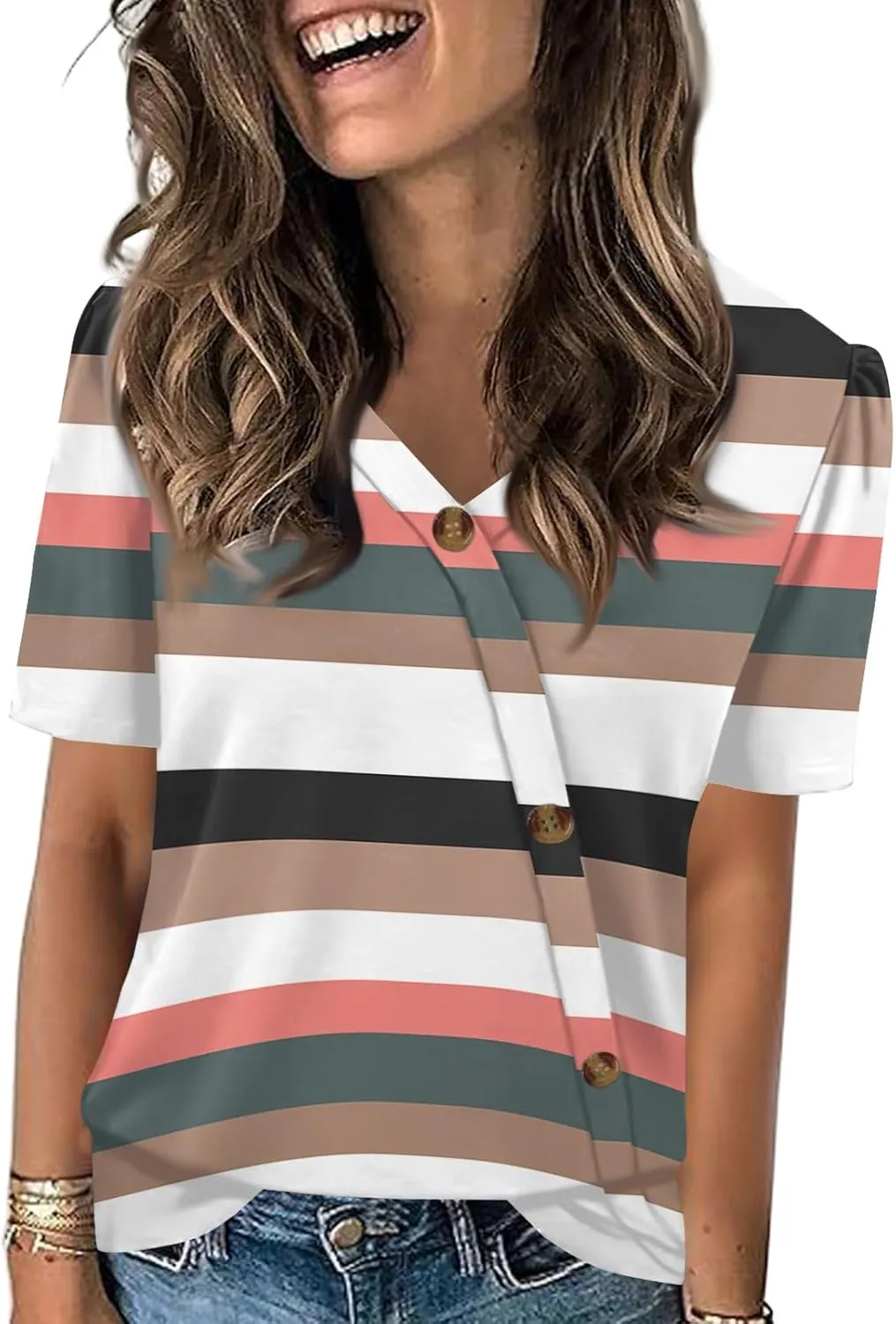 Womens Tops Casual Short Sleeve V Neck Shirts Button Front Tshirts Loose Business Casual Blouse Summer Tee