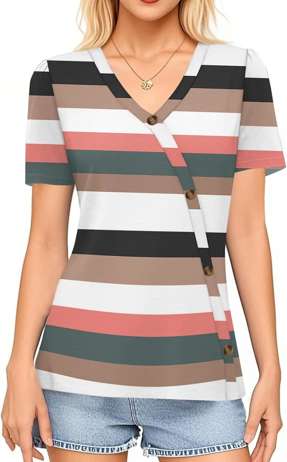 Womens Tops Casual Short Sleeve V Neck Shirts Button Front Tshirts Loose Business Casual Blouse Summer Tee