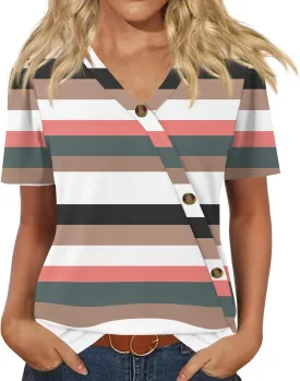 Womens Tops Casual Short Sleeve V Neck Shirts Button Front Tshirts Loose Business Casual Blouse Summer Tee