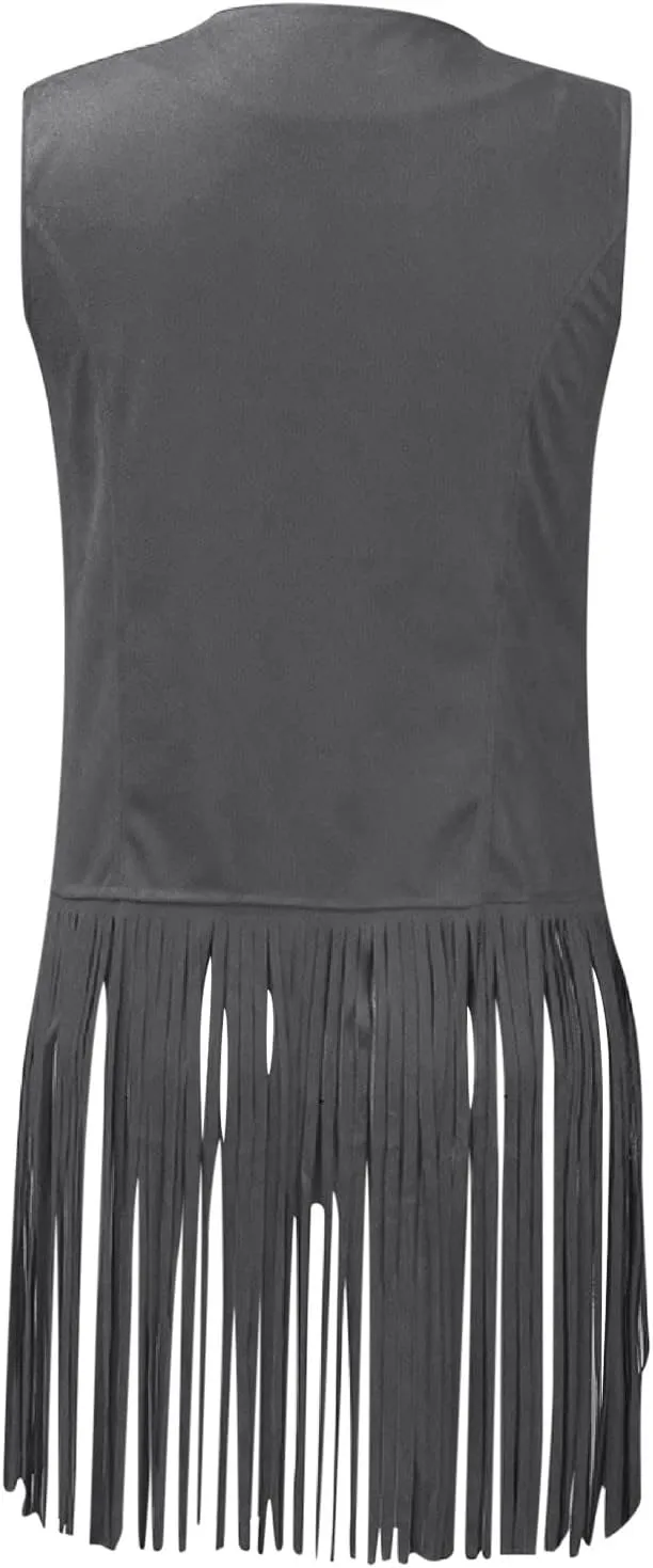 Womens Vintage Western Fringe Vest Tops Classic Suede Leather 70s Cowboy Shirt Sleeveless Tassel Cardigan Coat