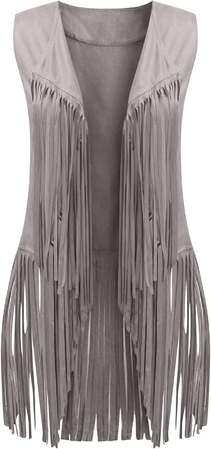 Womens Vintage Western Fringe Vest Tops Classic Suede Leather 70s Cowboy Shirt Sleeveless Tassel Cardigan Coat