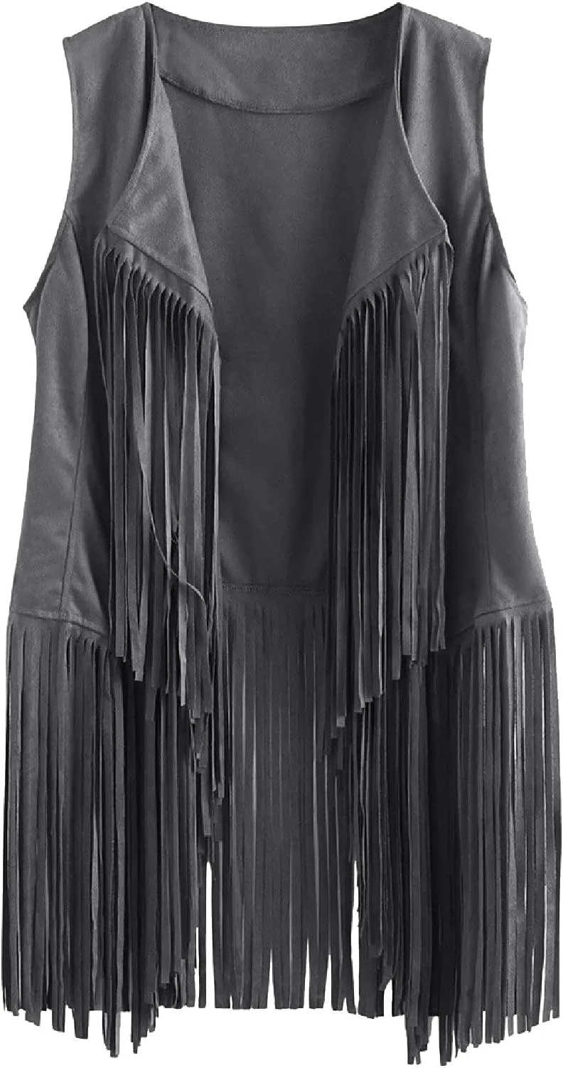 Womens Vintage Western Fringe Vest Tops Classic Suede Leather 70s Cowboy Shirt Sleeveless Tassel Cardigan Coat