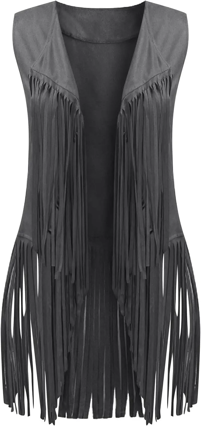 Womens Vintage Western Fringe Vest Tops Classic Suede Leather 70s Cowboy Shirt Sleeveless Tassel Cardigan Coat