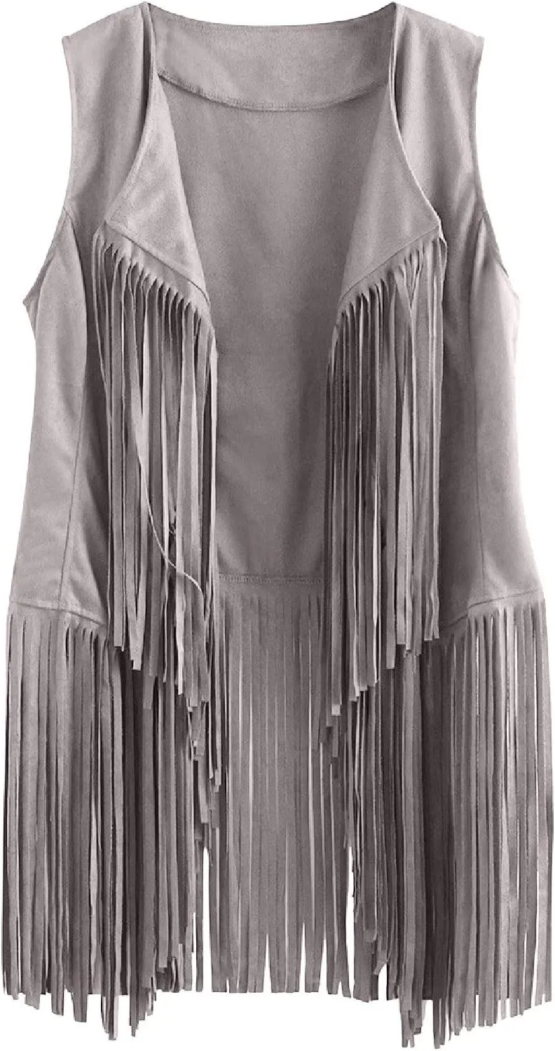Womens Vintage Western Fringe Vest Tops Classic Suede Leather 70s Cowboy Shirt Sleeveless Tassel Cardigan Coat