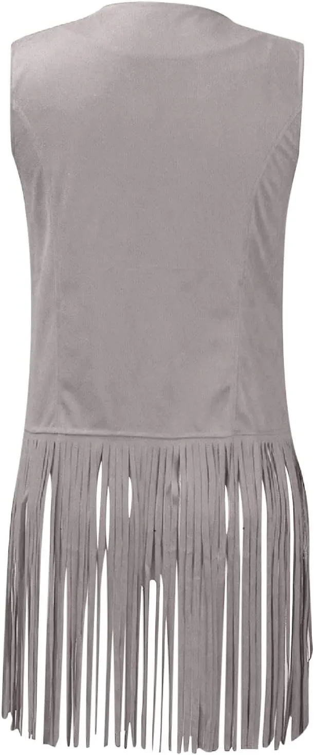 Womens Vintage Western Fringe Vest Tops Classic Suede Leather 70s Cowboy Shirt Sleeveless Tassel Cardigan Coat
