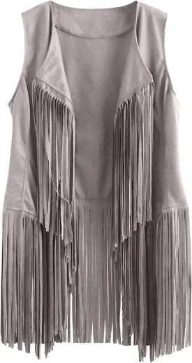 Womens Vintage Western Fringe Vest Tops Classic Suede Leather 70s Cowboy Shirt Sleeveless Tassel Cardigan Coat
