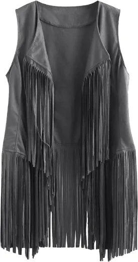 Womens Vintage Western Fringe Vest Tops Classic Suede Leather 70s Cowboy Shirt Sleeveless Tassel Cardigan Coat