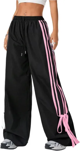 Women's Y2K Baggy Bow Wide Leg Pants Striped Track Elastic Waist Long Sweatpants Parachute Pants