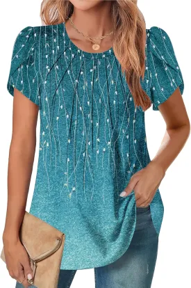 Zeagoo Womens Tops Petal Short Sleeve Summer Casual Dressy Shirts Floral Solid Blouse Pleated Tunics S-XXL