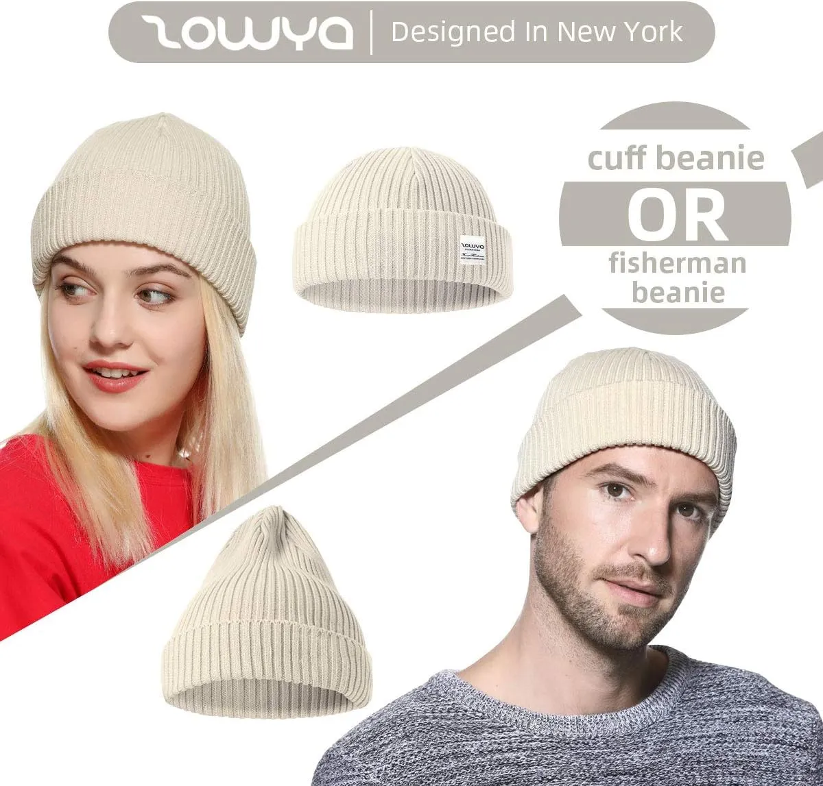 zowya Mens Winter Knit Beanie Hat, Rib Watch Cap Skull Cap Winter Ski Hat for Daily, 1 Hat 2 Style