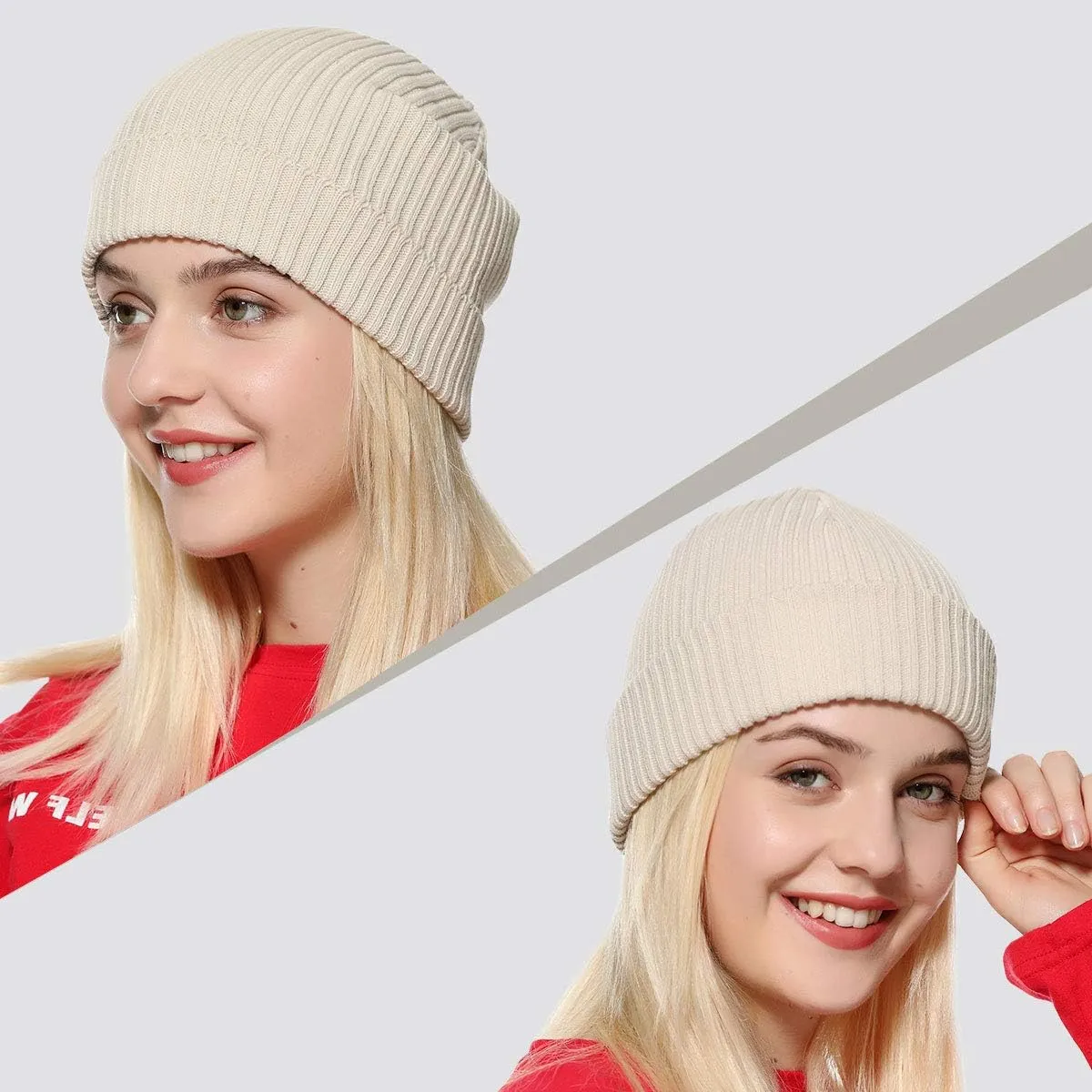 zowya Mens Winter Knit Beanie Hat, Rib Watch Cap Skull Cap Winter Ski Hat for Daily, 1 Hat 2 Style